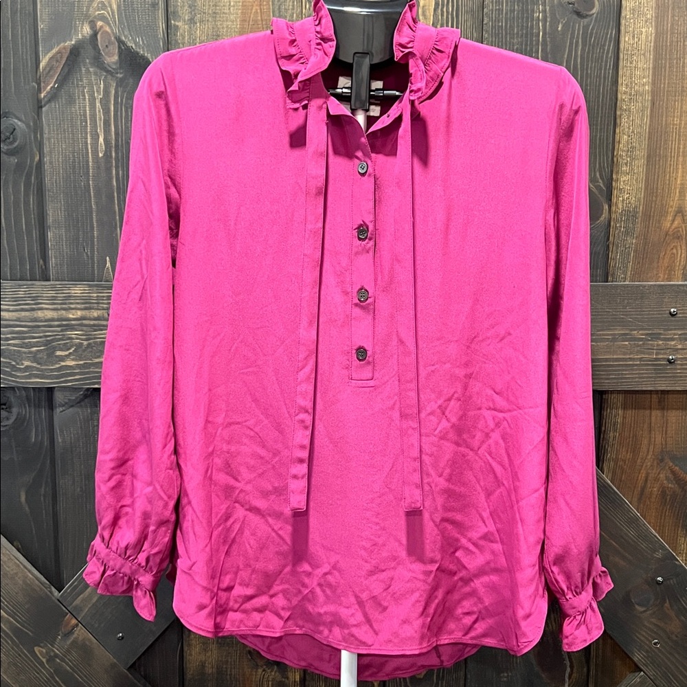 J. Crew Silk Ruffle Tie-Neck‎ Blouse Size S Pink Magenta Elegant